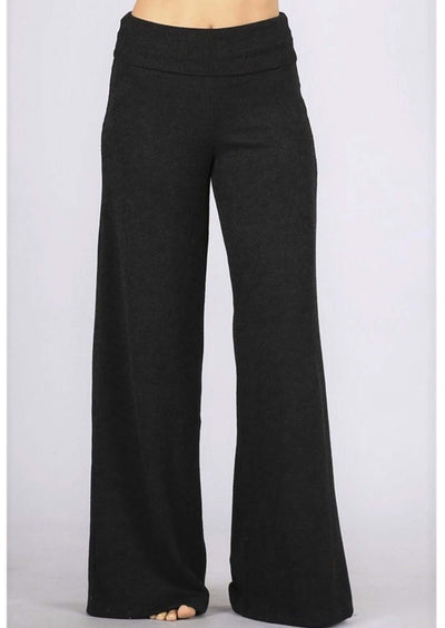 Chatoyant Sleek Hacci Mélange Sweater Knit Pants with Fold Over Waist Band Style# C30668 | Made in USA | Classy Cozy Cool Women's Clothing Boutique