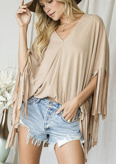Brand: Bucket List | Fringe Detail Oversized Top | Style # T1493A | Made in USA | Classy Cozy Cool Women’s Clothing Boutique