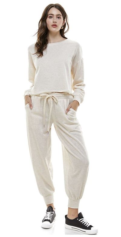 Brand: Follow Me - Oatmeal French Terry Raw Edge Hem Boxy Top -  Cropped, Fall, French Terry, Lounge, Loungewear, Made in America, made in usa, matching sets, Oatmeal, Raw Edge Hem, soft, Sweatshirt, Winter, Women's Clothing - Classy Cozy Cool Boutique