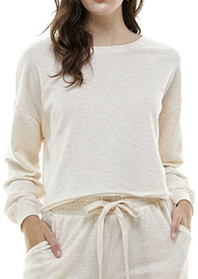 Brand: Follow Me - Oatmeal French Terry Raw Edge Hem Boxy Top -  Cropped, Fall, French Terry, Lounge, Loungewear, Made in America, made in usa, matching sets, Oatmeal, Raw Edge Hem, soft, Sweatshirt, Winter, Women's Clothing - Classy Cozy Cool Boutique