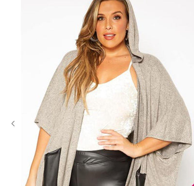 Brand: CY - Hooded Half Sleeve Poncho Plus Cardigan with Faux Leather Pockets -  Black, Blouse, Cardigan, Clothes, made in usa, Plus, Poncho, Shirt, soft, Spring, Wardrobe Essentials, Women, Women's Clothing - Classy Cozy Cool Boutique