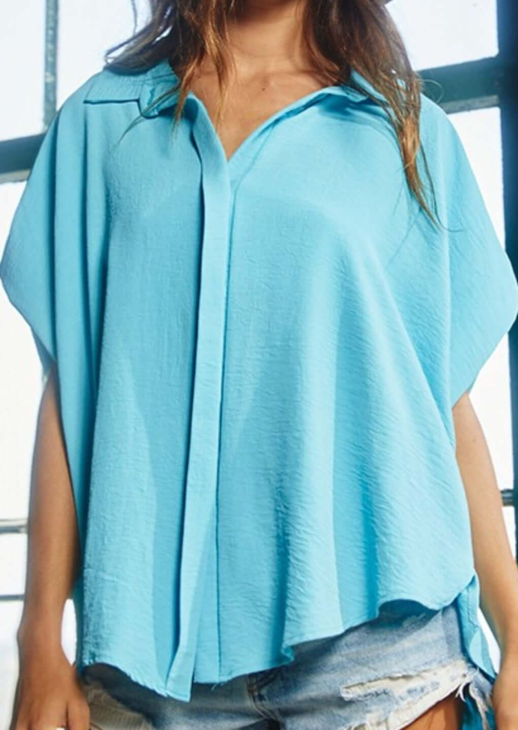 Aqua Blue Bucket List Style T1702 Ladies Button Down Hidden Placket High Low Top | Made in USA | This top can be worn with anything. | Classy Cozy Cool Boutique