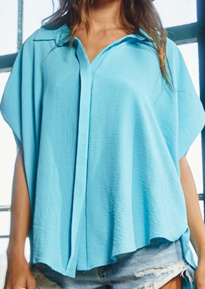 Aqua Blue Bucket List Style T1702 Ladies Button Down Hidden Placket High Low Top | Made in USA | This top can be worn with anything. | Classy Cozy Cool Boutique