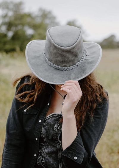 Crusher Outback Leather Hat | Bomber Gray | Brand: American Hat Makers | Made in the USA | Classy Cozy Cool Women’s Clothing Boutique