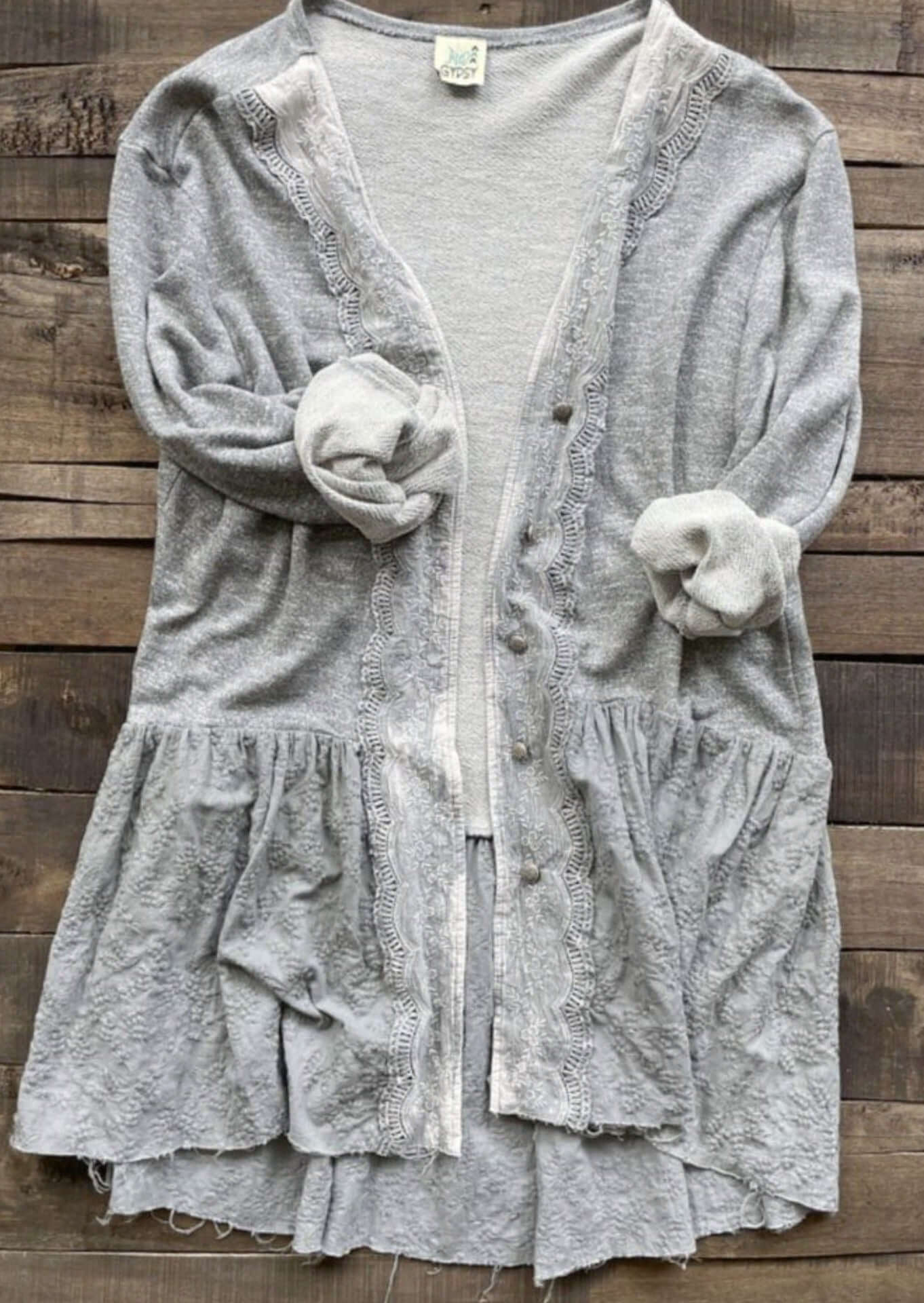 Jaded Gypsy Star Destination Button Down Lace Detail Sweater Cardigan in 2-Tone Grey | Bohemian Sweater Cardigan Made In USA 
