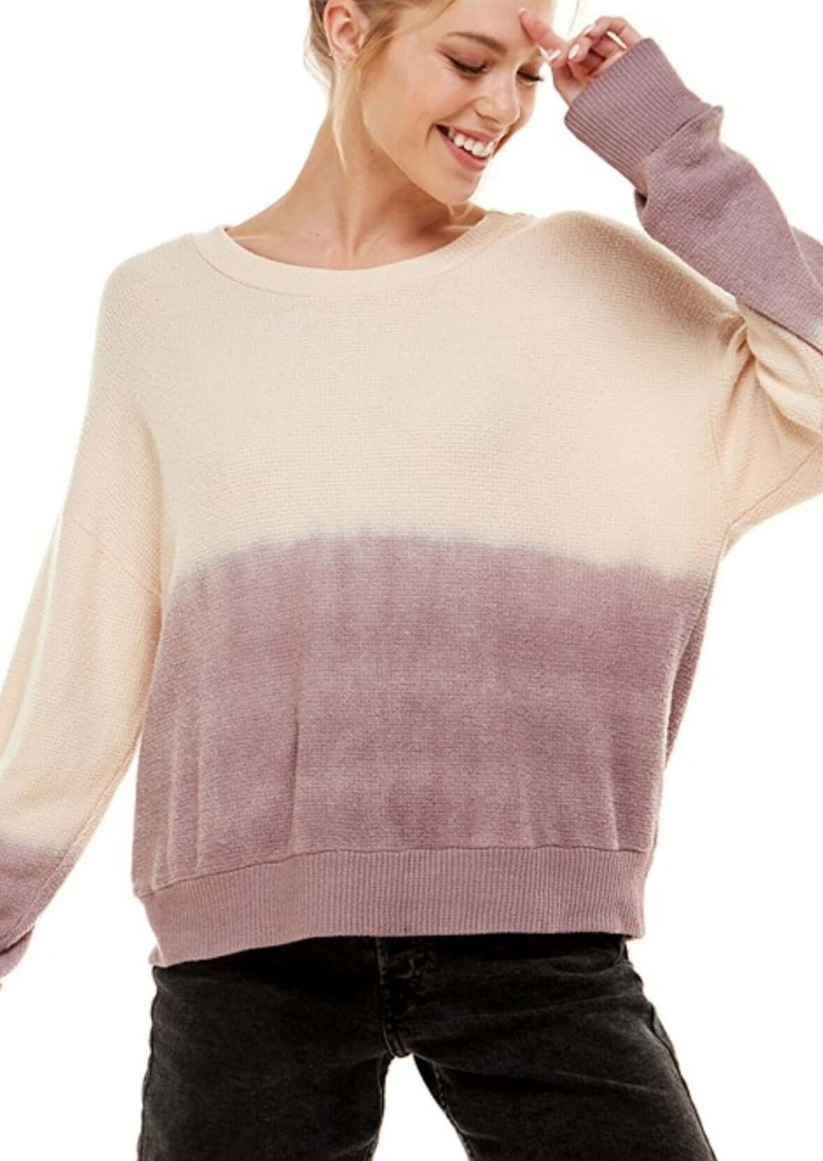 USA Made Ladies Special Dip Dyed Super Soft Lightweight Mauve Sweater Lightweight | T-Party Style# BRP38376 | Women's Clothing Made in America