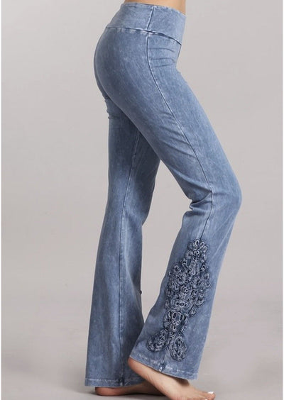 Chatoyant Mineral Washed Boot Cut Jeggings with Crochet Detail Hem Style# C30372 | Women's Fashion Clothing made in USA | Classy Cozy Cool Boutique