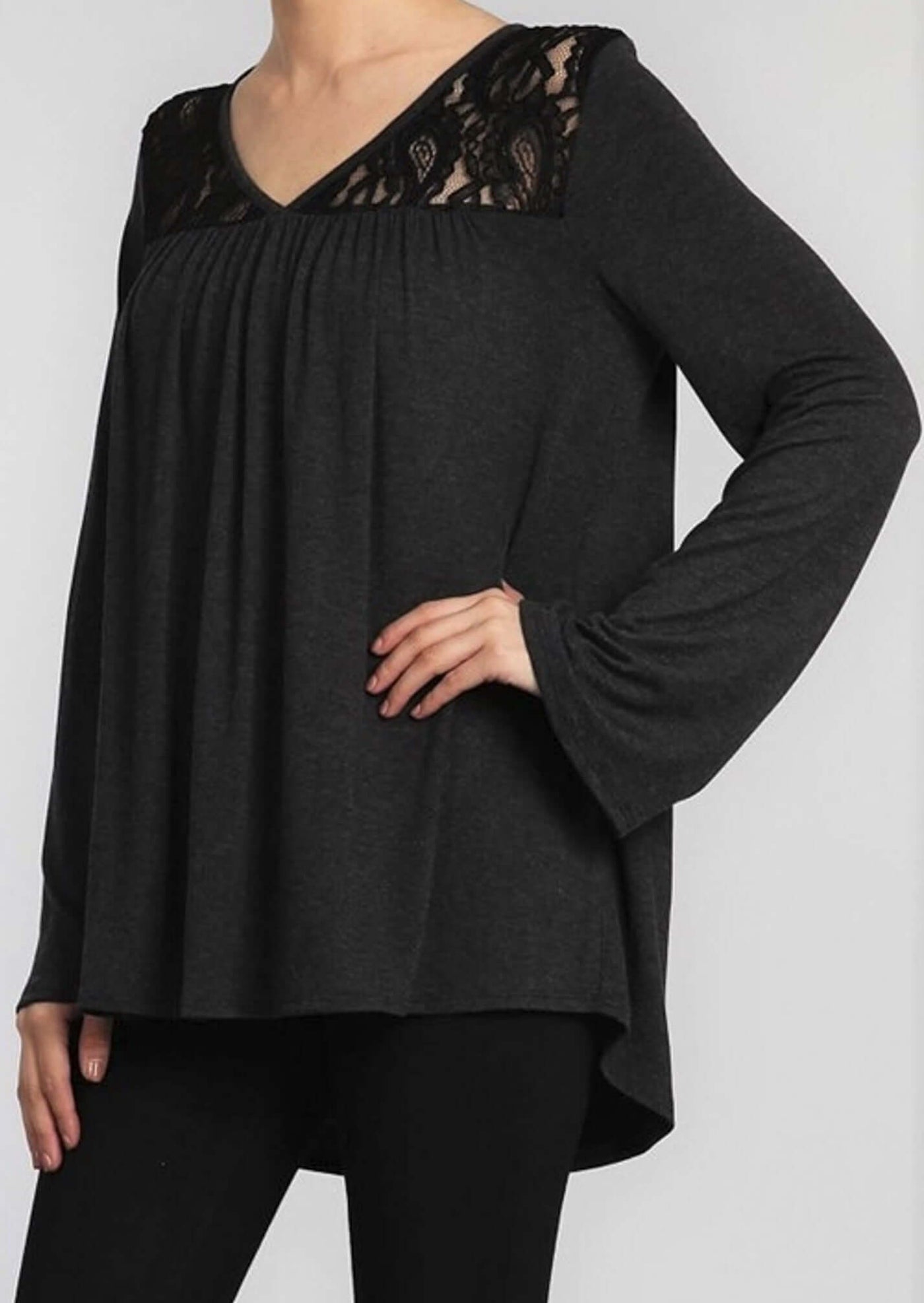 Chatoyant Heather Black Long Bell Sleeve Top with Lace Panels at Shoulders.  Made in the USA & Sold by Classy Cozy Cool Women's Boutique