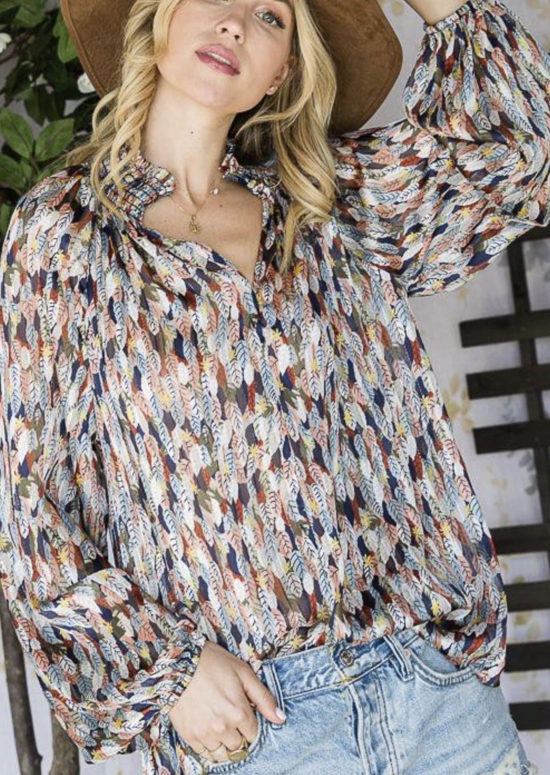 Made in USA |  Smocked Collar Colorful Feather Print Chiffon Blouse | Brand: Bucket List | Style # T1048 | Classy Cozy Cool Women’s Clothing Boutique