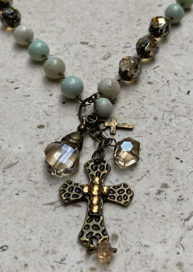 USA Made Ladies Leopard Print Embossed Cross with Natural Stone & Glass Beads | Fashion Jewelry Handmade in Texas by Carol Su | Women's Made in America Boutique