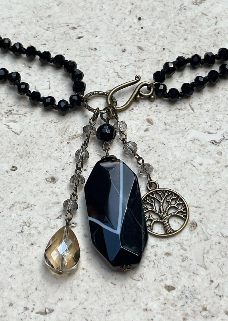 Black Onyx Natural Gemstone Pendant Charm Necklace | Made in USA Fashion Jewelry Handmade in Texas by Carol Su | Women's Made in America Boutique