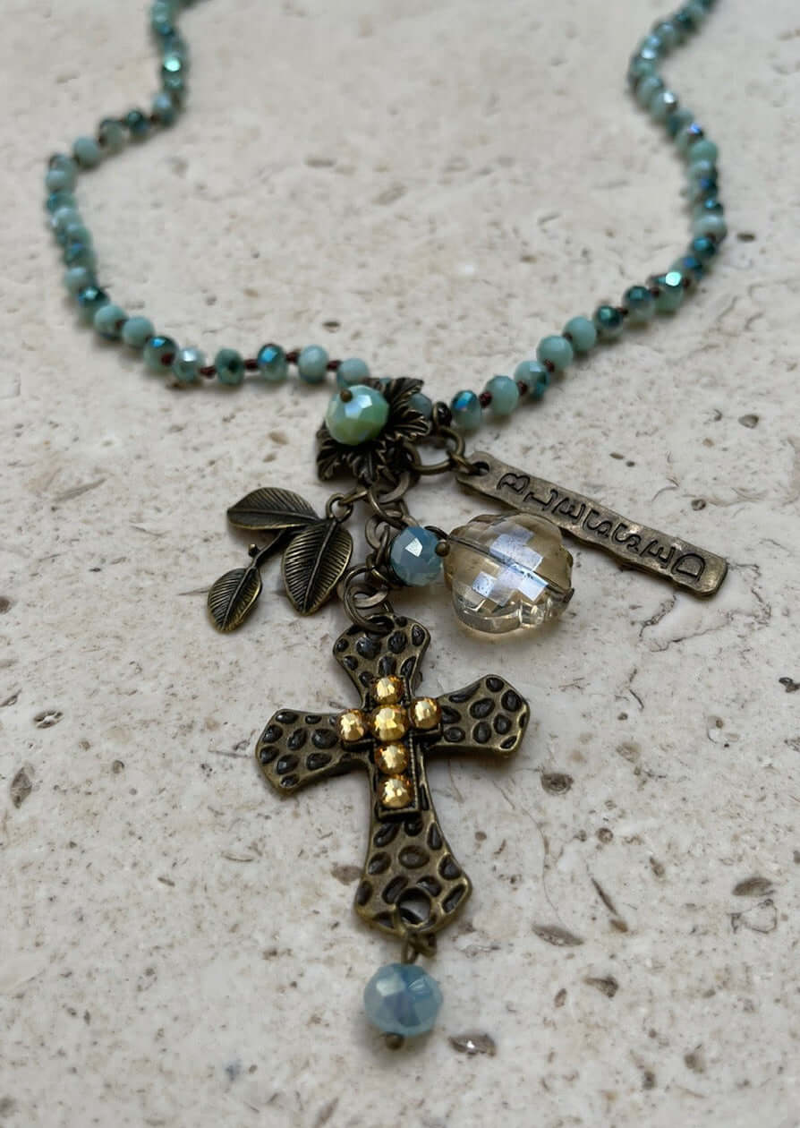 Handmade in USA Leopard Indented Cross Beaded Dangle Necklace | This beautiful piece can be worn as a long drop necklace or doubled & worn shorter.