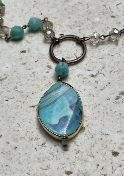Ladies Turquoise Natural Stone Pendant Beaded Necklace. Handmade in USA, This beautiful piece can be worn as a long or short necklace. 