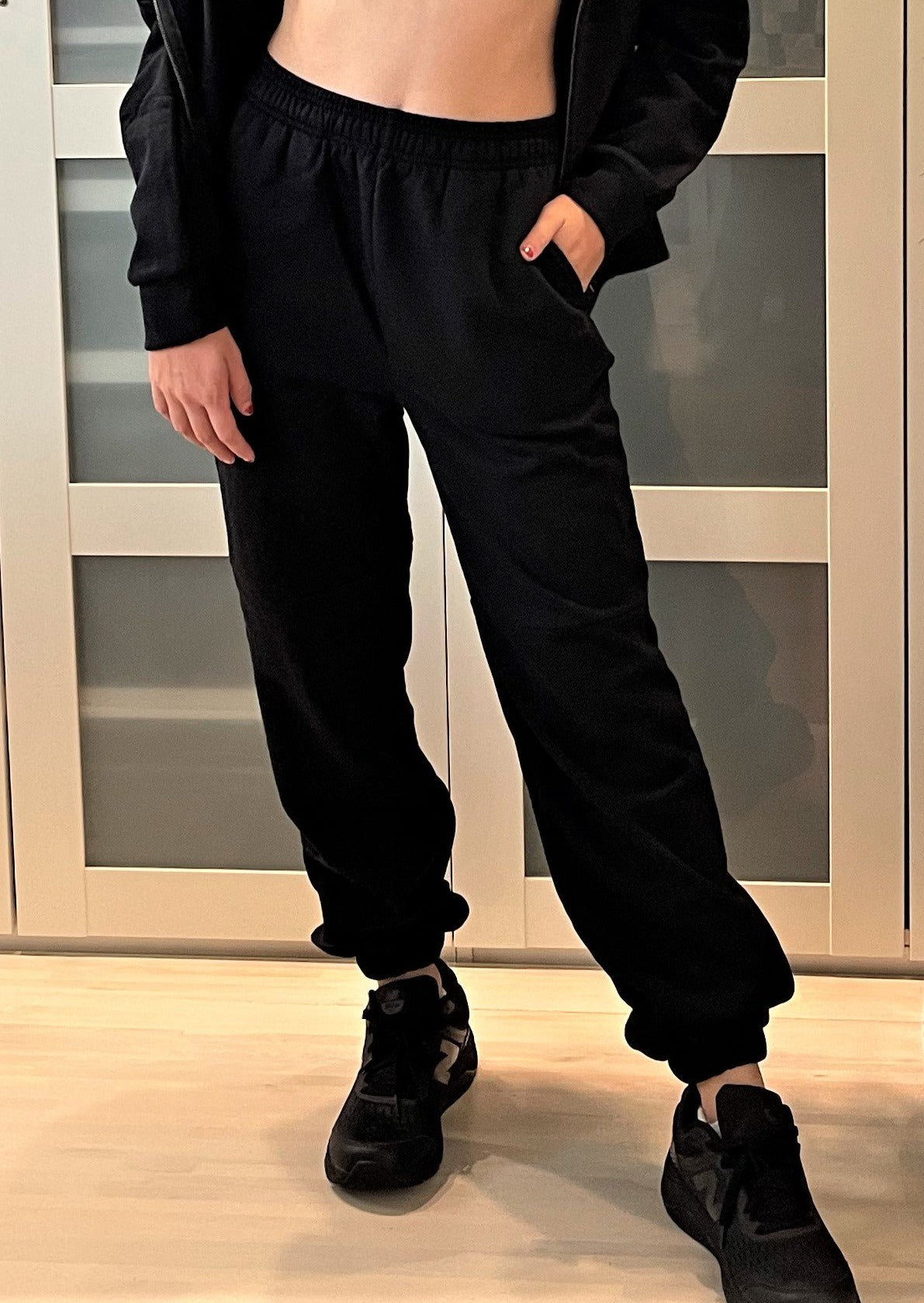 Brand: NUX | Color Block Black Premium Joggers | Style # P0279 | Made in the USA | Classy Cozy Cool Women’s Clothing Boutique | Jogging Set
