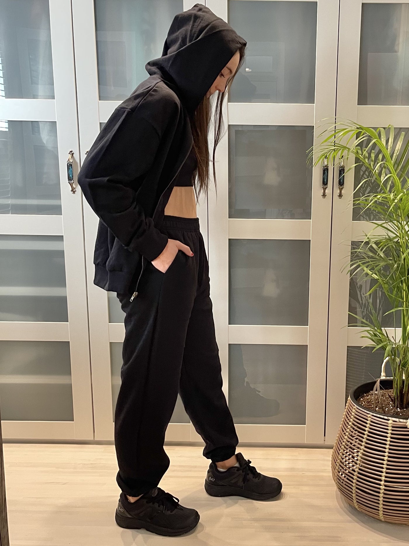 Brand: NUX | Color Block Black Premium Joggers | Style # P0279 | Made in the USA | Classy Cozy Cool Women’s Clothing Boutique | Jogging Set