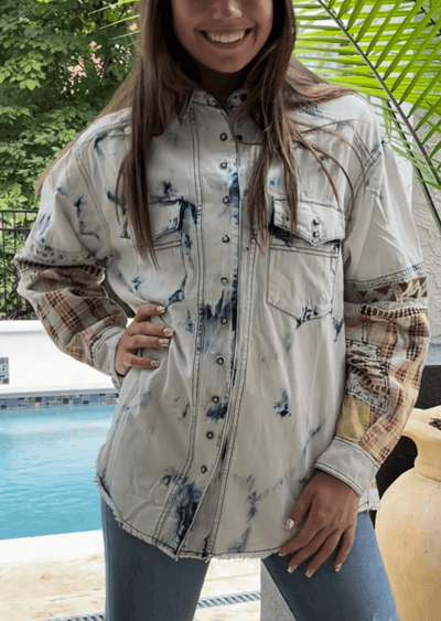Jaded Gypsy In the Clouds Snap Down Boho Design Denim Shirt Jacket with Patchwork Detail & Front Pockets - Chambray | Made In USA 