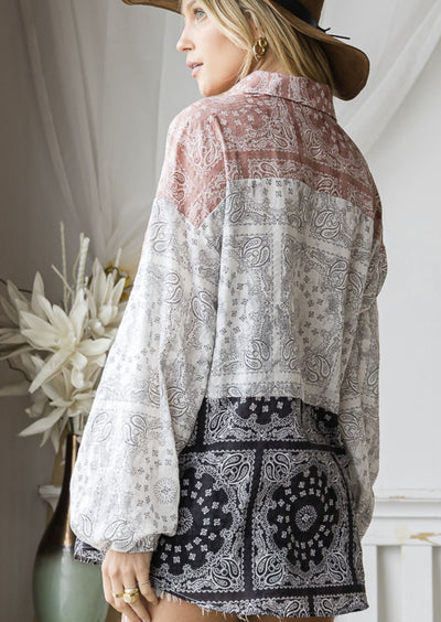 Made in USA | Brand: Bucket List | Bandana Print Button Down Cotton Women's Blouse | Style # T1596 | Classy Cozy Cool Women’s Clothing Boutique