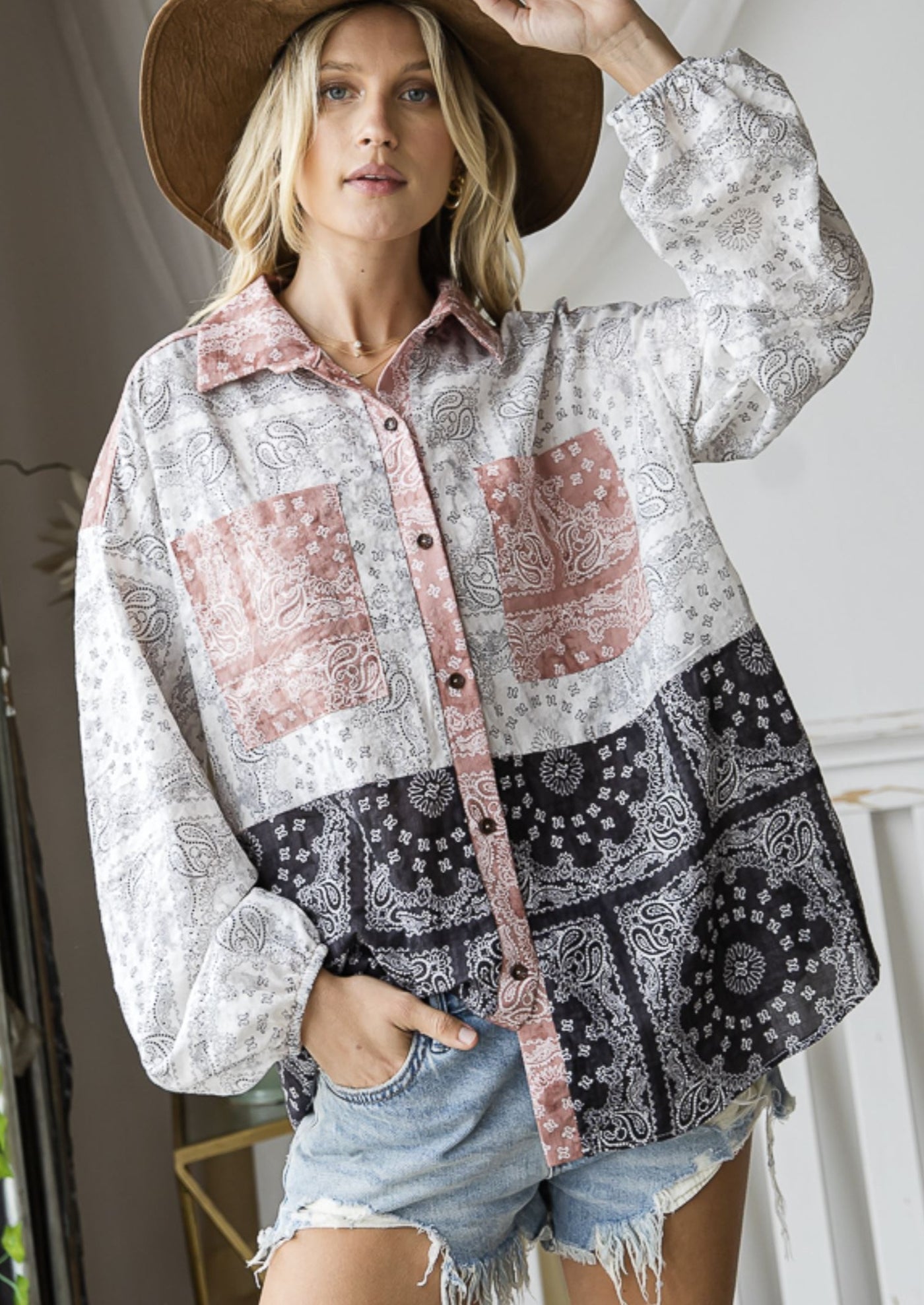 Made in USA | Brand: Bucket List | Bandana Print Button Down Cotton Women's Blouse | Style # T1596 | Classy Cozy Cool Women’s Clothing Boutique