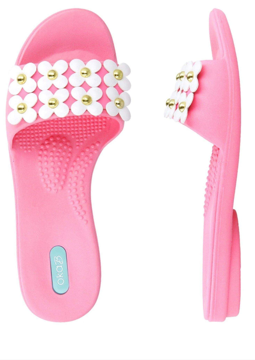 Brand: Oka-B - Oka-B Sedona Flower Detail Pink Sandal Slides -  Beach Wear, Featured, Flip Flops, Flower, Made in America, made in usa, pink, Sandals, Sedona, Shoes made local, Slides, Spring, Summer, Women - Classy Cozy Cool Boutique
