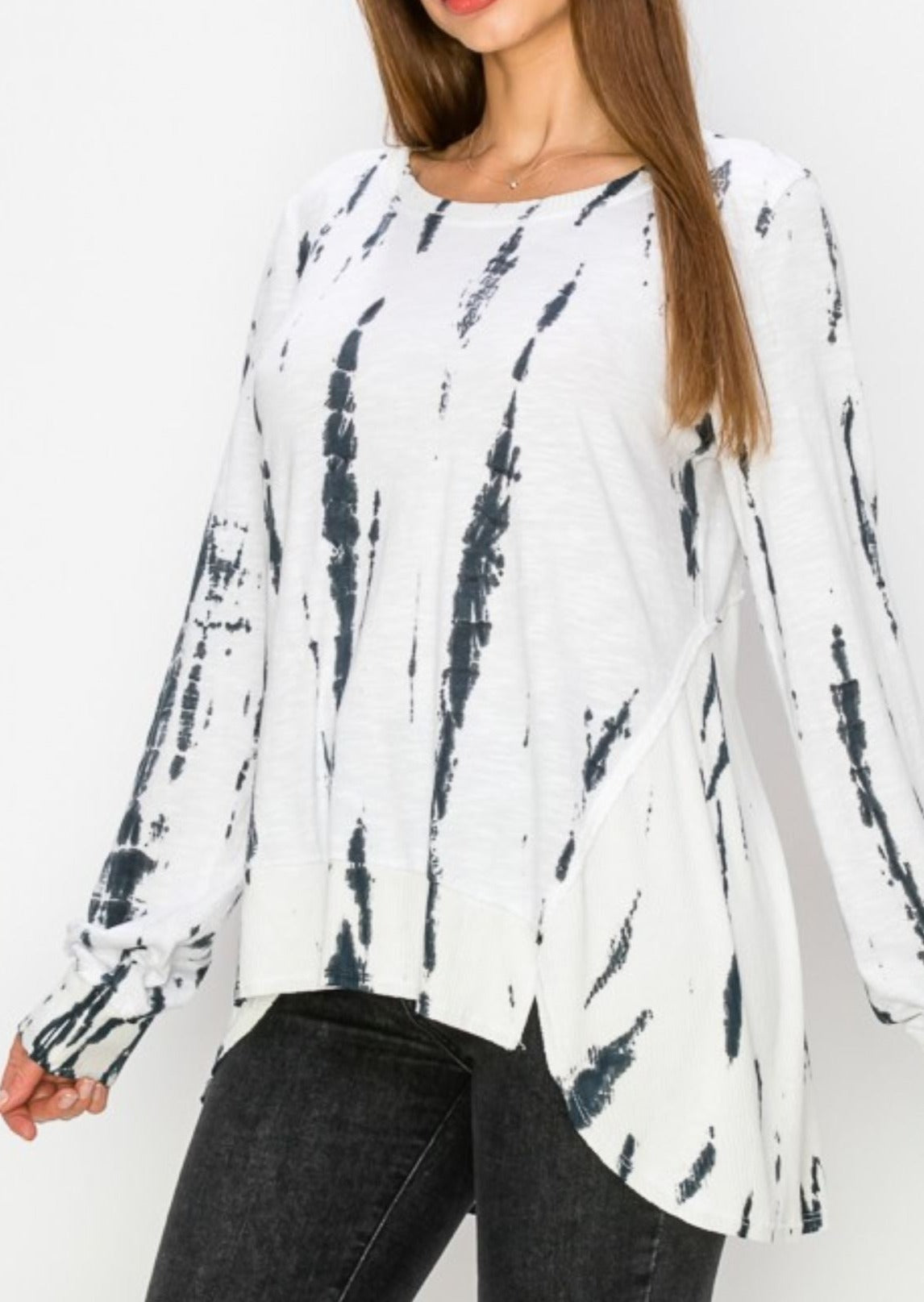 T-Party Navy & White Special Tie Dyed High Low Side Slit Ladies Casual Cotton Tunic Top | Made in USA with Fabric Made in USA | Style CMS38537