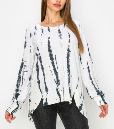 T-Party Navy & White Special Tie Dyed High Low Side Slit Ladies Casual Cotton Tunic Top | Made in USA with Fabric Made in USA | Style CMS38537