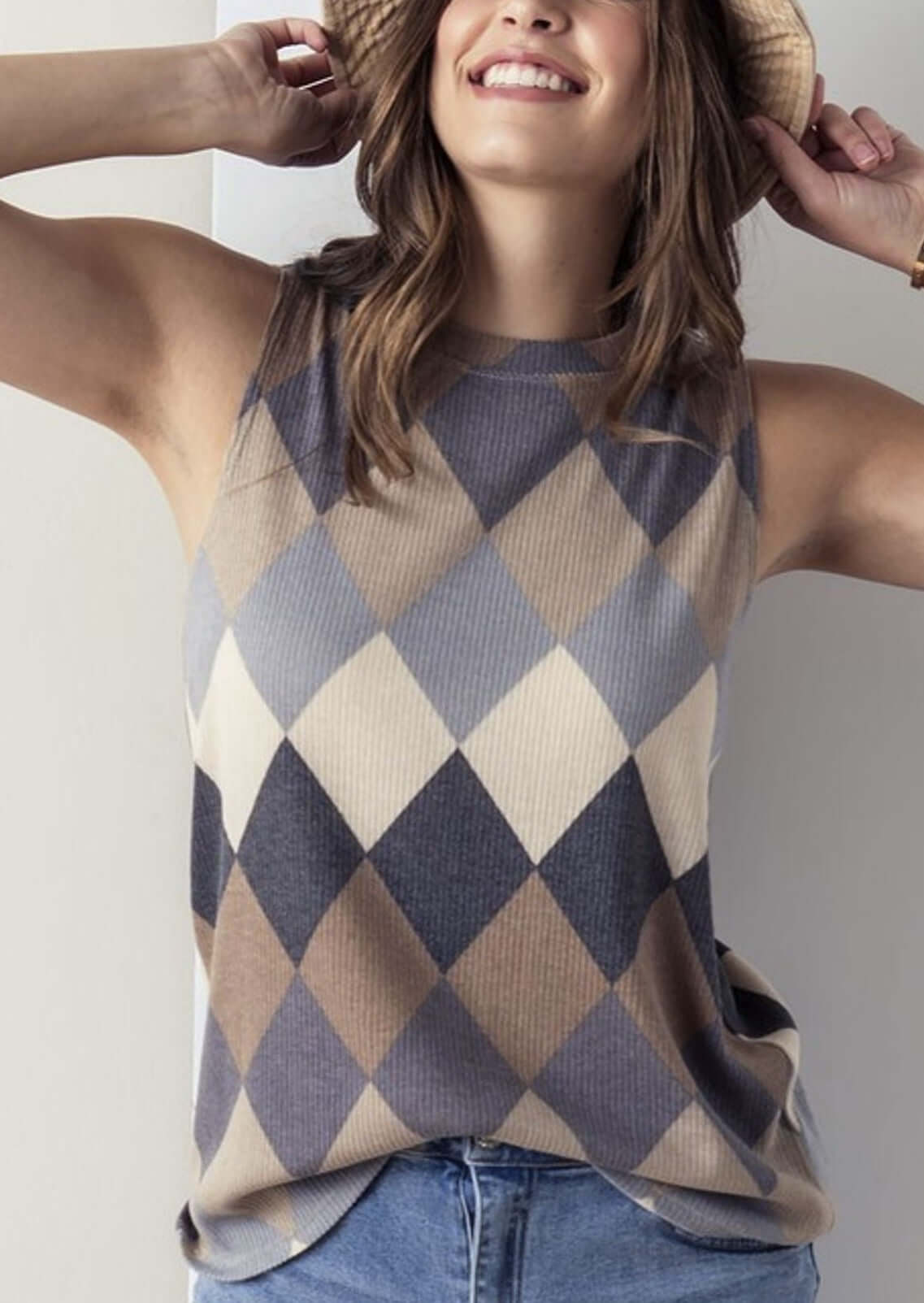 Ribbed Argyle Knit Sleeveless Top | Made in USA | Sleeveless Argyle Print Soft & Stretchy, Colors: Gray, Brown, Tan | Classy Cozy Cool Boutique