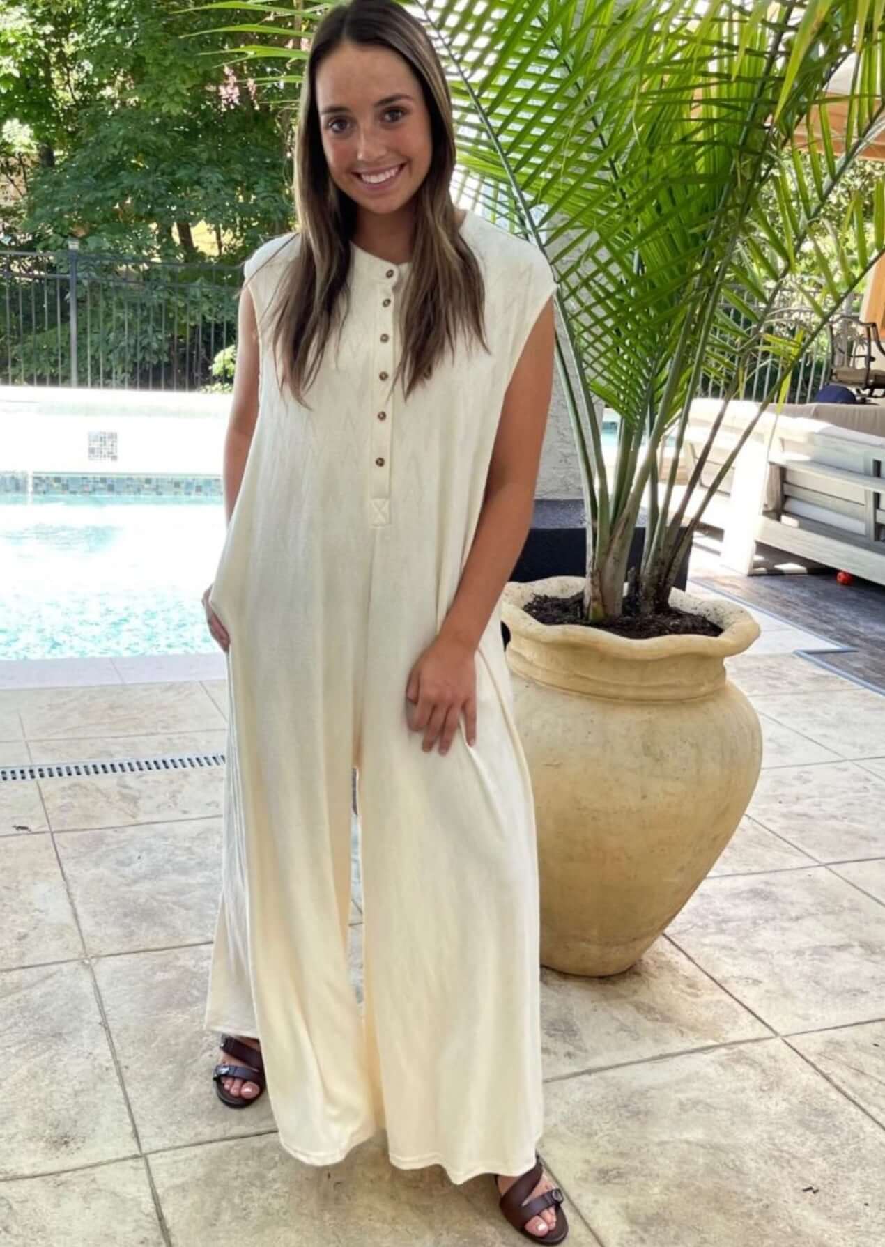Bucket List Style# R5120 Ladies Chevron Textured Brushed Knit Jumpsuit in Cream | Made in USA | Women's Made in America Boutique