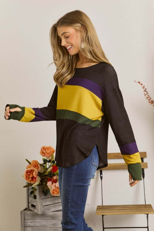 Ladies Oversized Lightweight Super Soft Black Raglan Color Block Long Sleeve Top with Purple, Green & Mustard Stripes | Made in USA Women's Clothing
