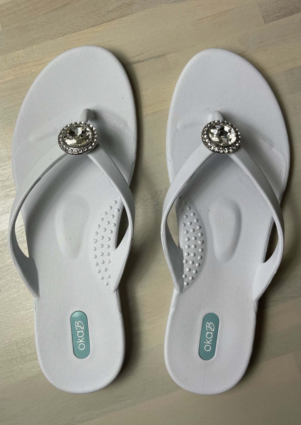 Oka-B White Flip Flop Sandals with Large Rhinestone. Proudly made in USA! | Sandals made in Buford, Georgia | Classy Cozy Cool Women's Boutique