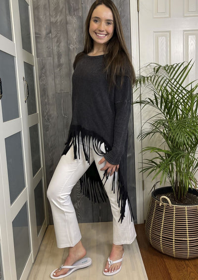 Ladies Fringe Hem Oversized Mineral Dyed Waffle Top, High/Low Design, Boat Neck | Made in USA | Classy Cozy Cool Women's American Made Clothing Boutique