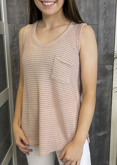 Light Mauve Soft Knitted Popcorn Waffle Fabric Tank Top with Round Neckline & Chest Pocket | Made in USA | Classy Cozy Cool Women's American Clothing Boutique