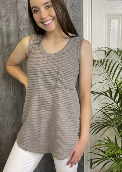 Mocha Soft Knitted Popcorn Waffle Fabric Tank Top with Round Neckline & Chest Pocket | Made in USA | Classy Cozy Cool Women's American Clothing Boutique