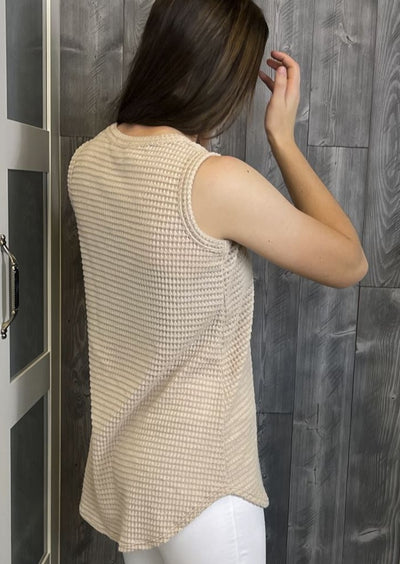 Back View Light Tan Soft Knitted Popcorn Waffle Fabric Tank Top with Round Neckline & Chest Pocket | Made in USA | Classy Cozy Cool Women's American Clothing Boutique