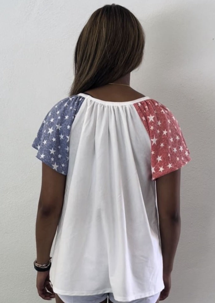 USA Made Ladies Patriotic Color Block Baby Doll 100% Cotton Top - Flare Sleeves with Stars  | Classy Cozy Cool Women's American Clothing Boutique