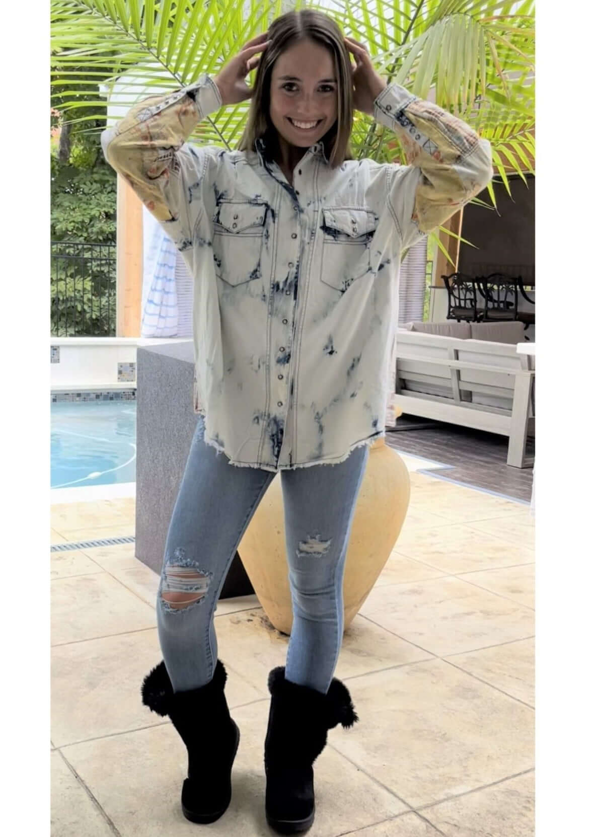 Jaded Gypsy In the Clouds Snap Down Boho Design Denim Shirt Jacket with Patchwork Detail & Front Pockets - Chambray | Made In USA