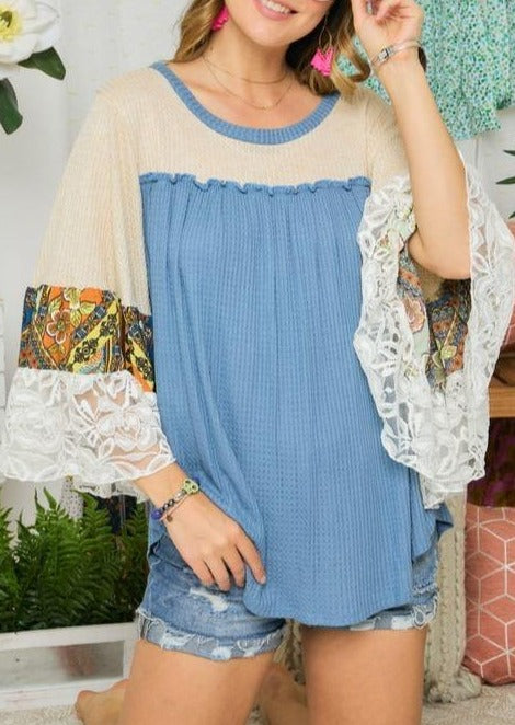 Brand: Adora - Lace Trim Bell Sleeve Waffle Top -  bell sleeve, Best Dressed, Blouse, Blue, Bohemian, BoHo, Clothes, Lace Detail, made in usa, Shirt, Spring, Summer, vacation, Waffle Top, Women - Classy Cozy Cool Boutique