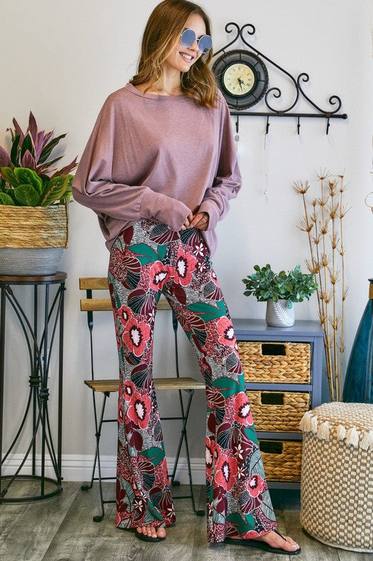 USA Made Ladies Plus Size Multi Color Retro Bohemian Vibes Super Soft Flare Hem Pants | Made in USA | Classy Cozy Cool Women's American Boutique