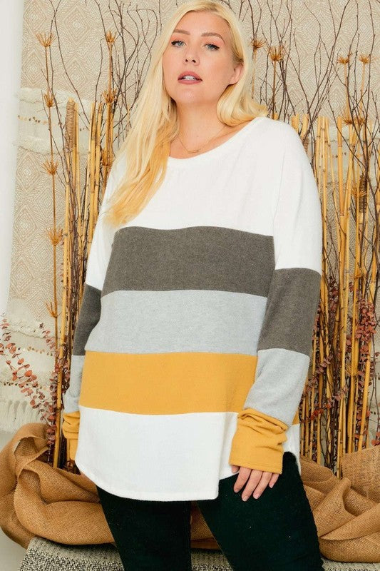 USA Made Plus Size Ladies Oversized Lightweight Super Soft Raglan Long Sleeve Top with Light Gray, Brown, Off White & Mustard Stripes | Made in USA Women's Clothing