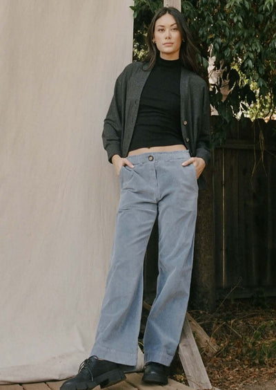LA Relaxed Denim Blue Velvet Pants Proudly & Responsibly Made in USA.  Relaxed Fit 100% Organic Cotton Tailored Pants.  Women's Made in America Clothing Boutique