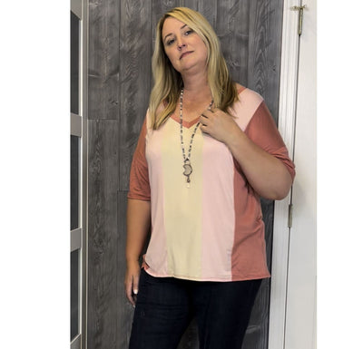 Ladies Plus Size Pink & Coral Vertical Stripe V-Neck Top Made in USA This will likely be your favorite top. Classy Cozy Cool American Boutique.