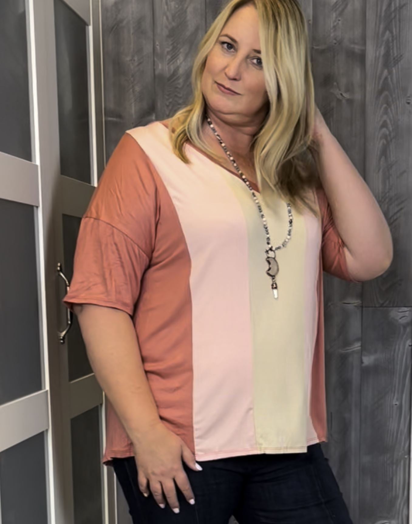 Ladies Plus Size Pink & Coral Vertical Stripe V-Neck Top Made in USA This will likely be your favorite top. Classy Cozy Cool American Boutique.