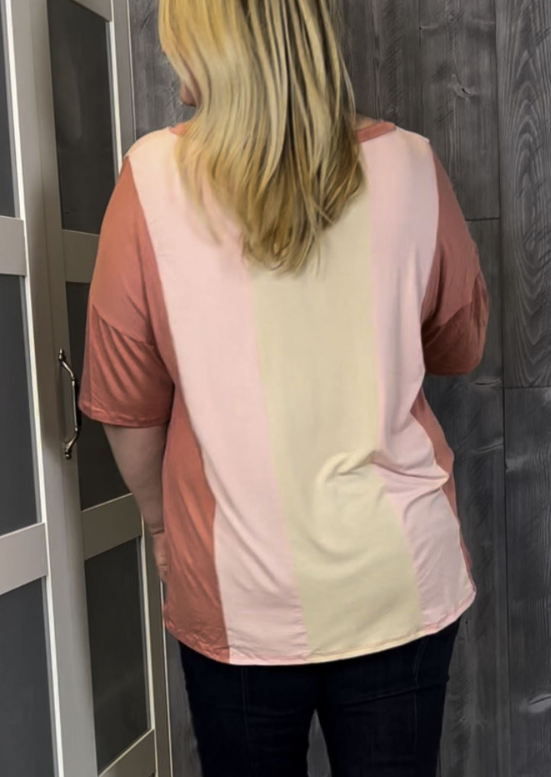 Ladies Plus Size Pink & Coral Vertical Stripe V-Neck Top Made in USA This will likely be your favorite top. Classy Cozy Cool American Boutique.