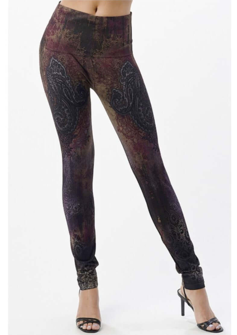 M. Rena Ladies High Waist Tummy Control Printed Paisley Leggings | Made in USA | Deep Fall Colors of Amber, Wine, Gold, Black & Gray | Made in America Boutique