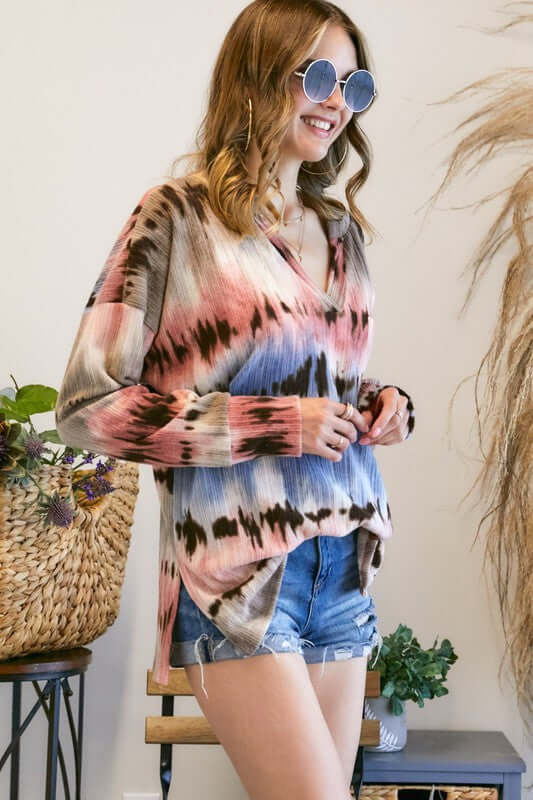 Ladies Adora Multi Color Tie Dye Print V-Neck Soft Top in Blue, Mauve, Tan & Brown | Made in USA | Classy Cozy Cool Women's Made in America Clothing