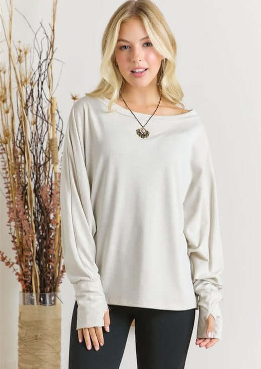 Ladies Oversized Lightweight Super Soft Dolman Sleeve Top in Sand | Made in USA | Classy Cozy Cool Women's American Made Clothing Boutique