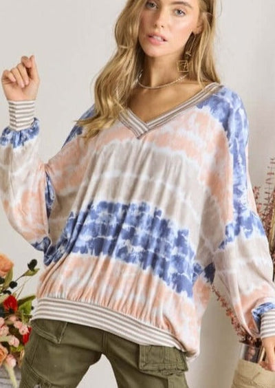 Ladies Oversized Lightweight Super Soft Raglan Tie Dye Striped V-Neck Long Sleeve Top | Made in USA | Women's American Made Clothing Boutique