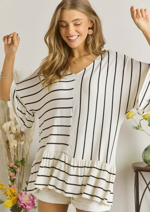 Adora Vertical & Horizontal Contrast Striped Black & White Top with Ruffle Sleeve & Flounce Ruffle Hemline | Made in USA | Classy Cozy Cool Women's Made in America Boutique