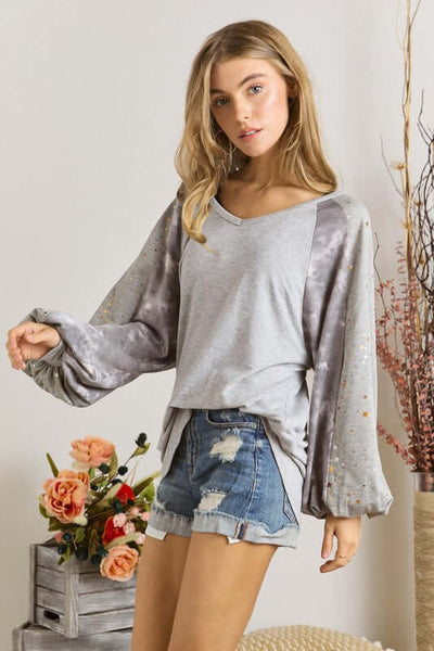 Ladies V-Neck Puff Sleeve Embellished Long Sleeve Gray Relaxed Fit Top with Metallic Star Detail on Sleeves | Made in USA