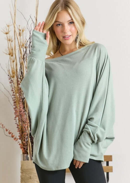 Ladies Oversized Lightweight Super Soft Dolman Sleeve Top in Sage | Made in USA | Classy Cozy Cool Women's American Made Clothing Boutique