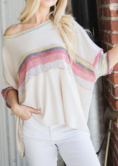 Brand: Hopely - Textured Oversized Stripe Contrast Boxy Top -  Blouse, Boat Neck, Boxy Top, Clothes, Cream, Dolman Sleeve, Featured, Gauze, Lounge, Loungewear, made in usa, Pink, Shirt, Spring, Summer, Wardrobe Essentials, Women - Classy Cozy Cool Boutique